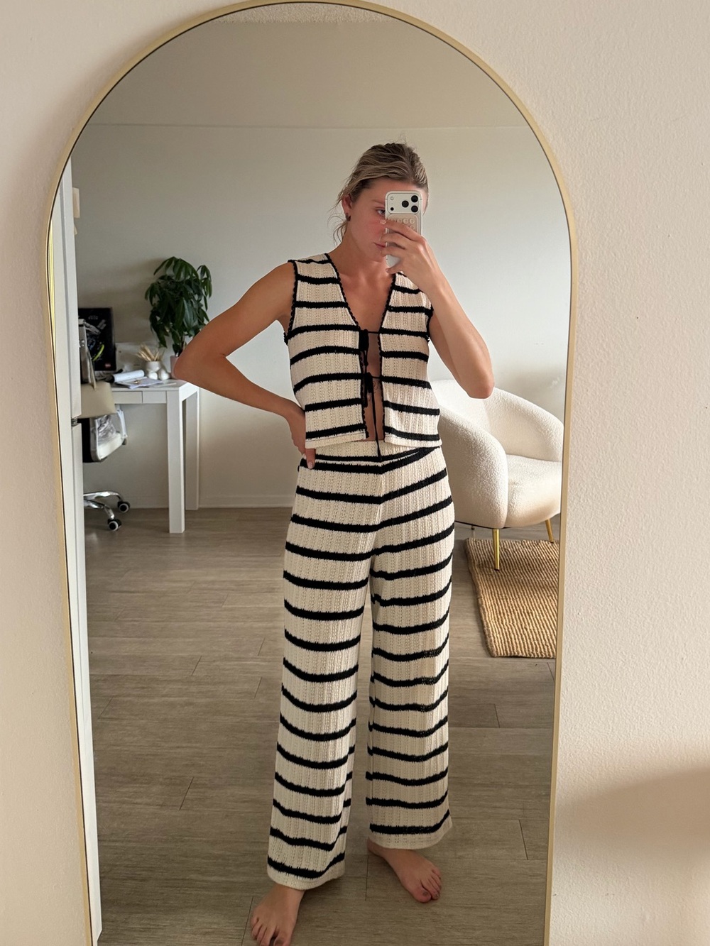 Mango Cream and Black Striped Wide-Leg Jumpsuit